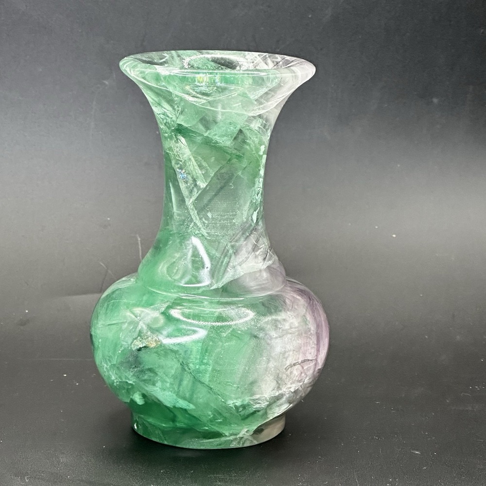 Natural Flourite Gemstone Carved Vase 5.5" Tall Heavy 736 Grams Green Purple